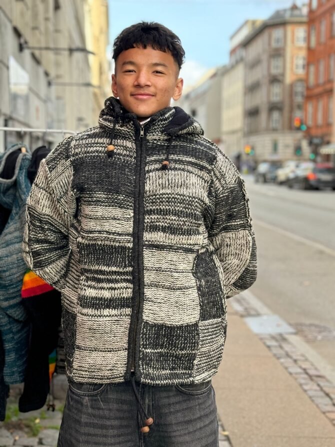 Handmade Woolen Jacket with Monochrome Patchwork – Nepalese Artisan Hoodie - Image 2